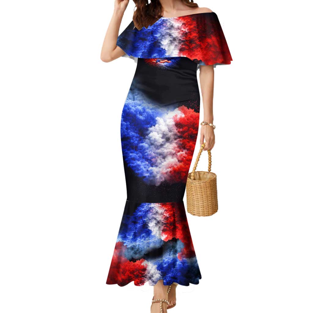USA 250th Anniversary Celebration Mermaid Dress Patriotic Smoke Burst Art Style