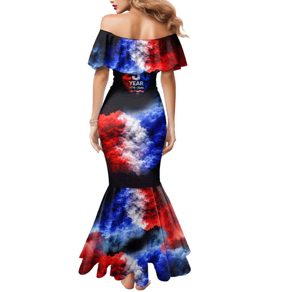 USA 250th Anniversary Celebration Mermaid Dress Patriotic Smoke Burst Art Style