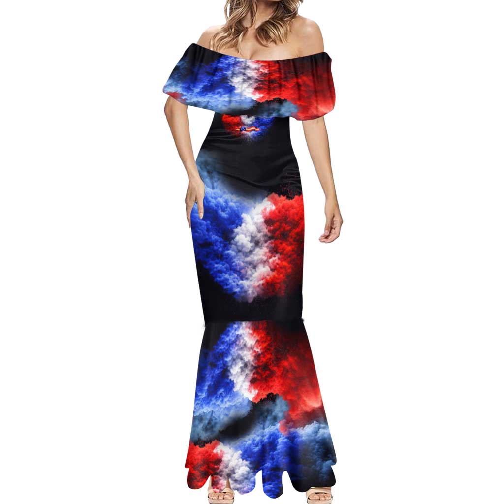 USA 250th Anniversary Celebration Mermaid Dress Patriotic Smoke Burst Art Style