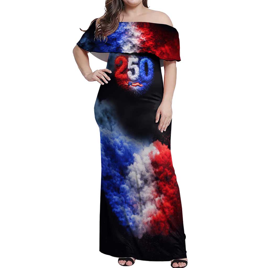 USA 250th Anniversary Celebration Off Shoulder Maxi Dress Patriotic Smoke Burst Art Style