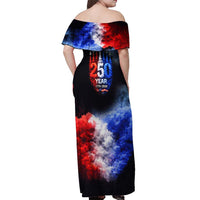 USA 250th Anniversary Celebration Off Shoulder Maxi Dress Patriotic Smoke Burst Art Style