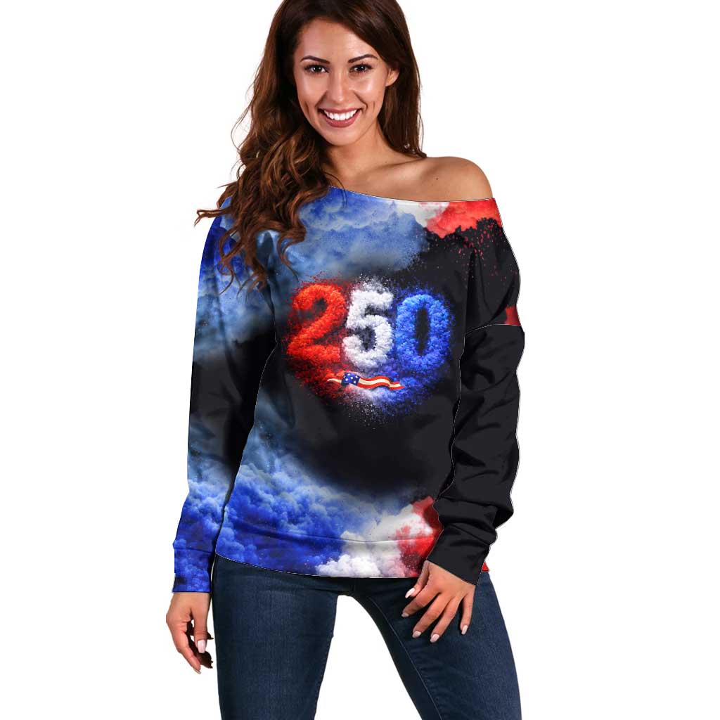 USA 250th Anniversary Celebration Off Shoulder Sweater Patriotic Smoke Burst Art Style