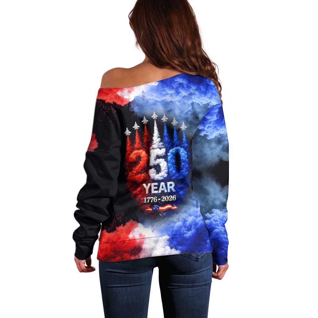 USA 250th Anniversary Celebration Off Shoulder Sweater Patriotic Smoke Burst Art Style