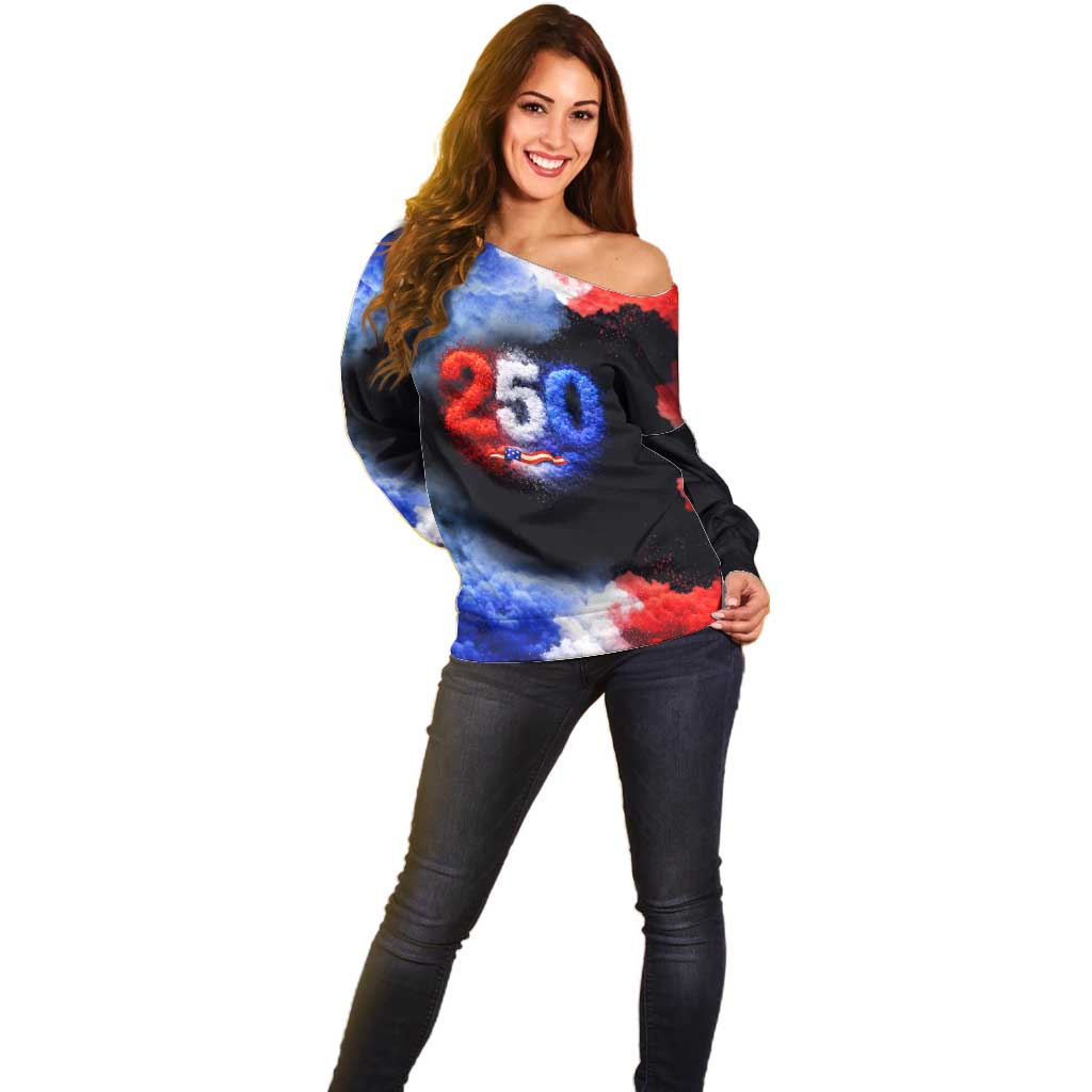 USA 250th Anniversary Celebration Off Shoulder Sweater Patriotic Smoke Burst Art Style