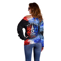 USA 250th Anniversary Celebration Off Shoulder Sweater Patriotic Smoke Burst Art Style