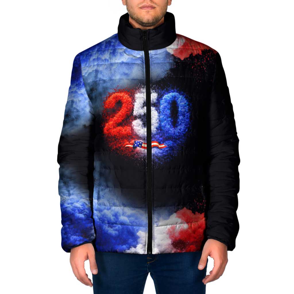 USA 250th Anniversary Celebration Padded Jacket Patriotic Smoke Burst Art Style
