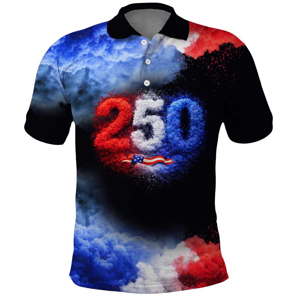 USA 250th Anniversary Celebration Polo Shirt Patriotic Smoke Burst Art Style