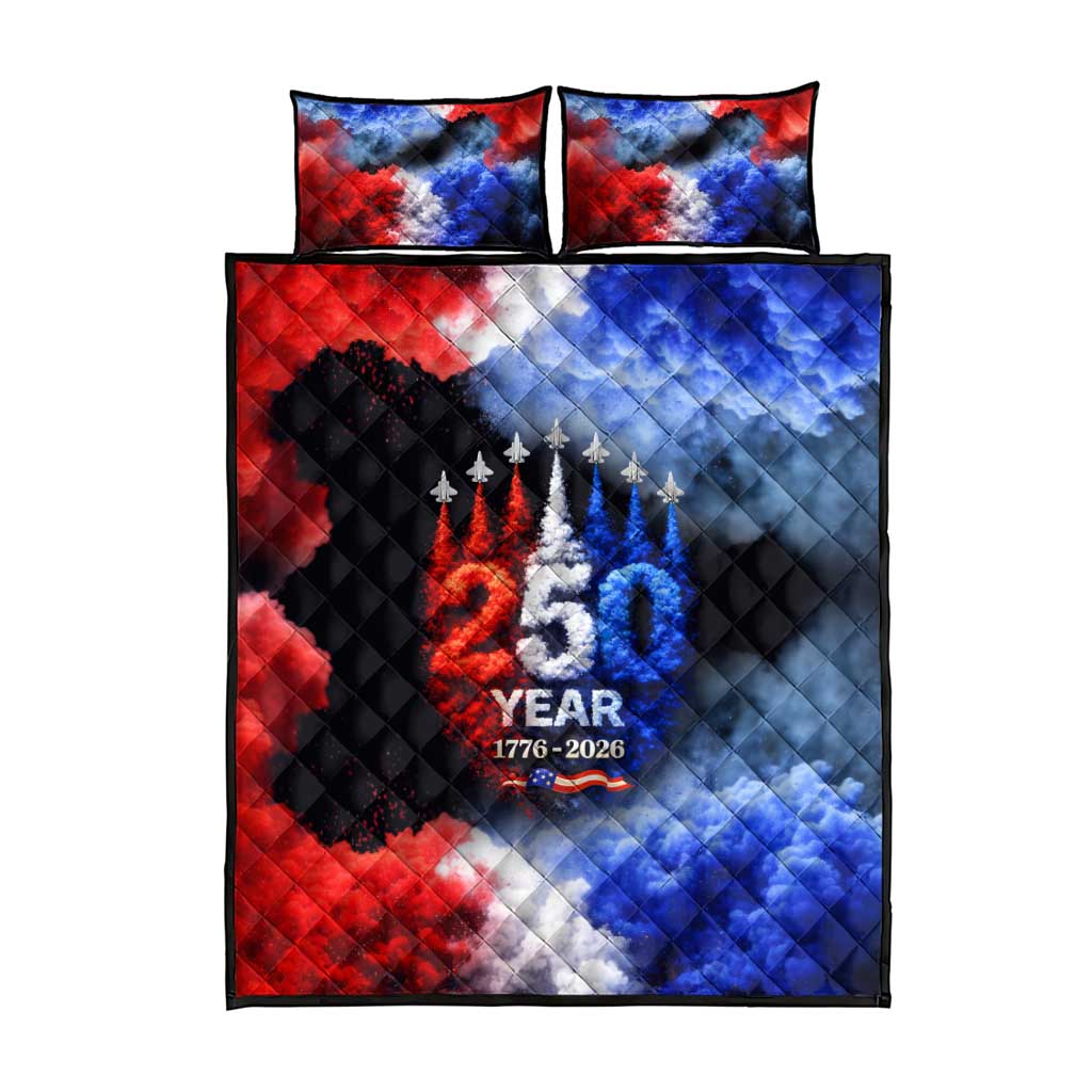 USA 250th Anniversary Celebration Quilt Bed Set Patriotic Smoke Burst Art Style