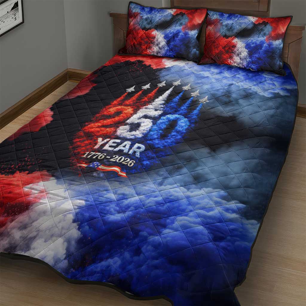 USA 250th Anniversary Celebration Quilt Bed Set Patriotic Smoke Burst Art Style