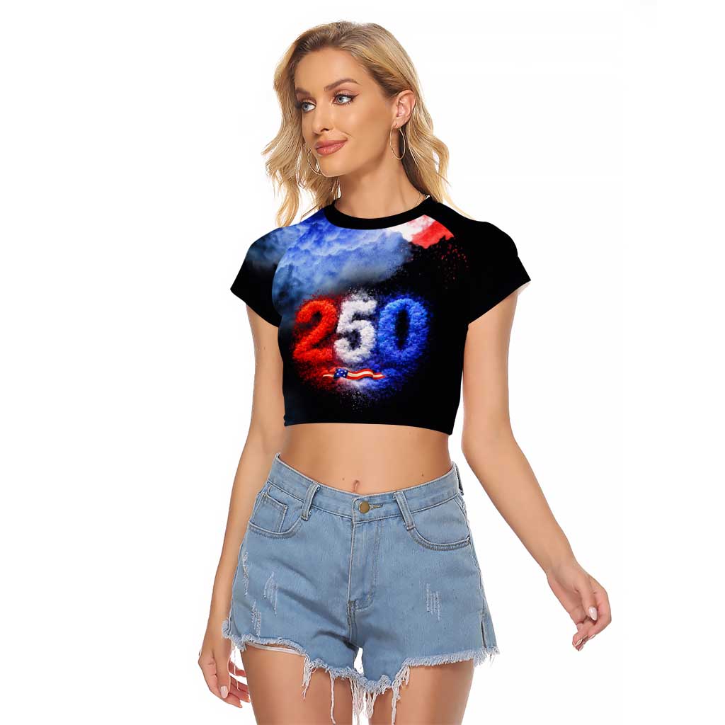 USA 250th Anniversary Celebration Raglan Cropped T Shirt Patriotic Smoke Burst Art Style