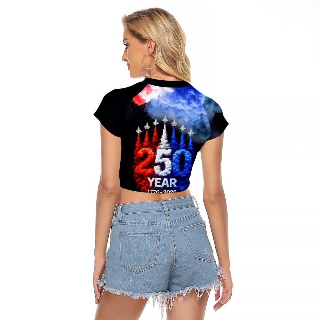 USA 250th Anniversary Celebration Raglan Cropped T Shirt Patriotic Smoke Burst Art Style