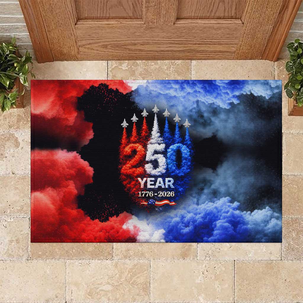 USA 250th Anniversary Celebration Rubber Doormat Patriotic Smoke Burst Art Style