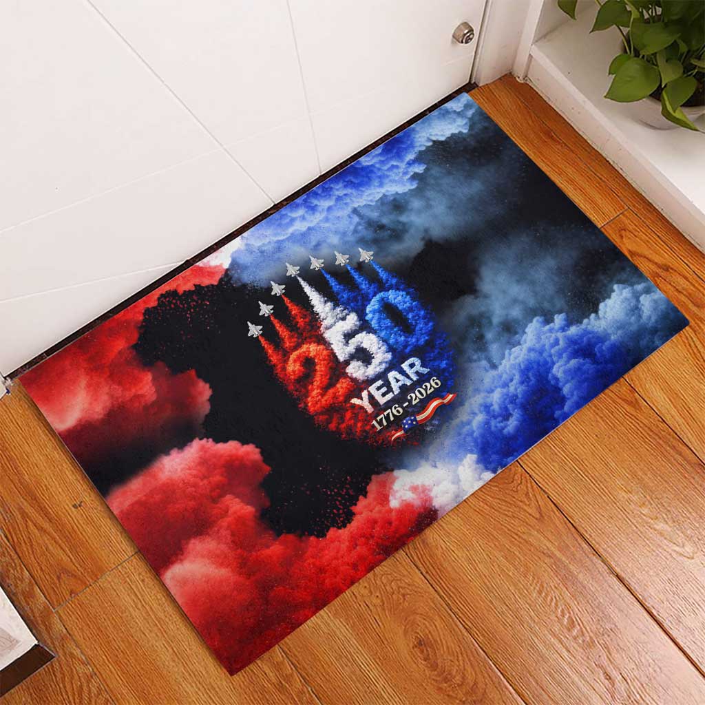 USA 250th Anniversary Celebration Rubber Doormat Patriotic Smoke Burst Art Style