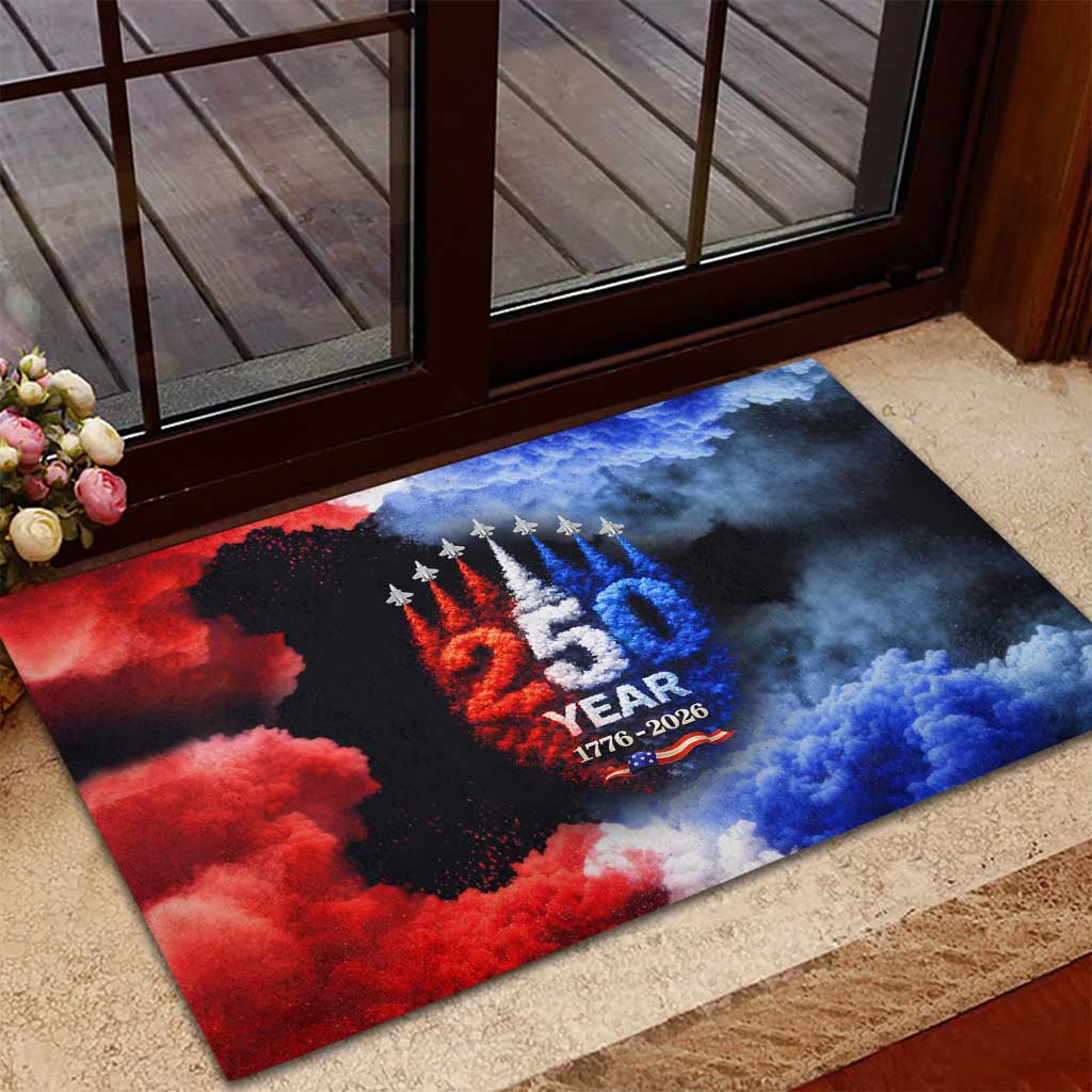 USA 250th Anniversary Celebration Rubber Doormat Patriotic Smoke Burst Art Style