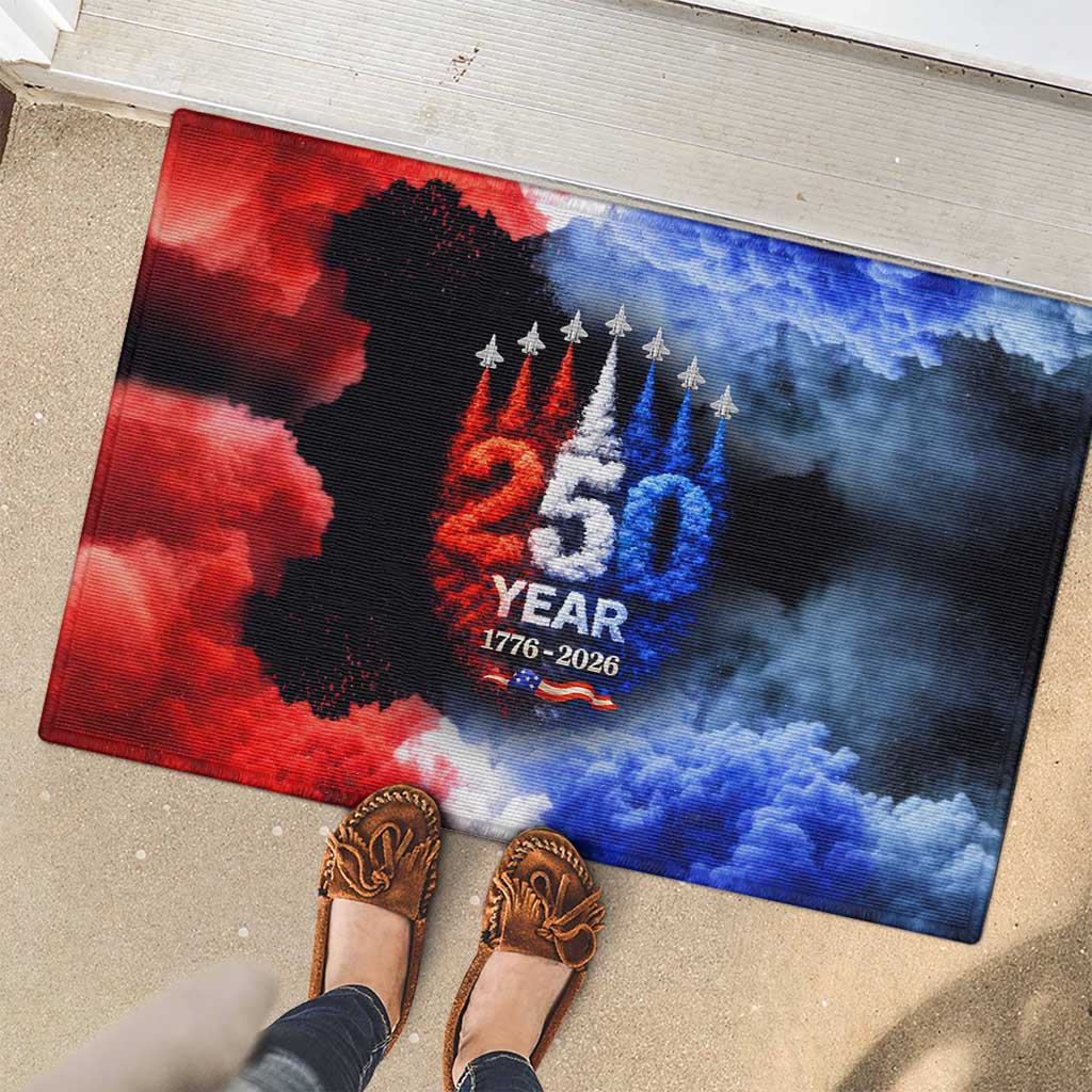 USA 250th Anniversary Celebration Rubber Doormat Patriotic Smoke Burst Art Style