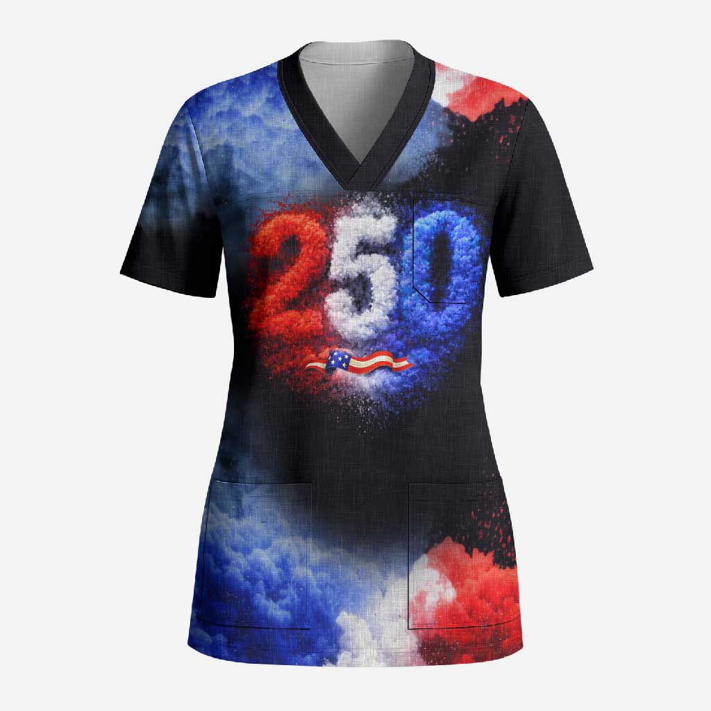 USA 250th Anniversary Celebration Scrub Top Patriotic Smoke Burst Art Style