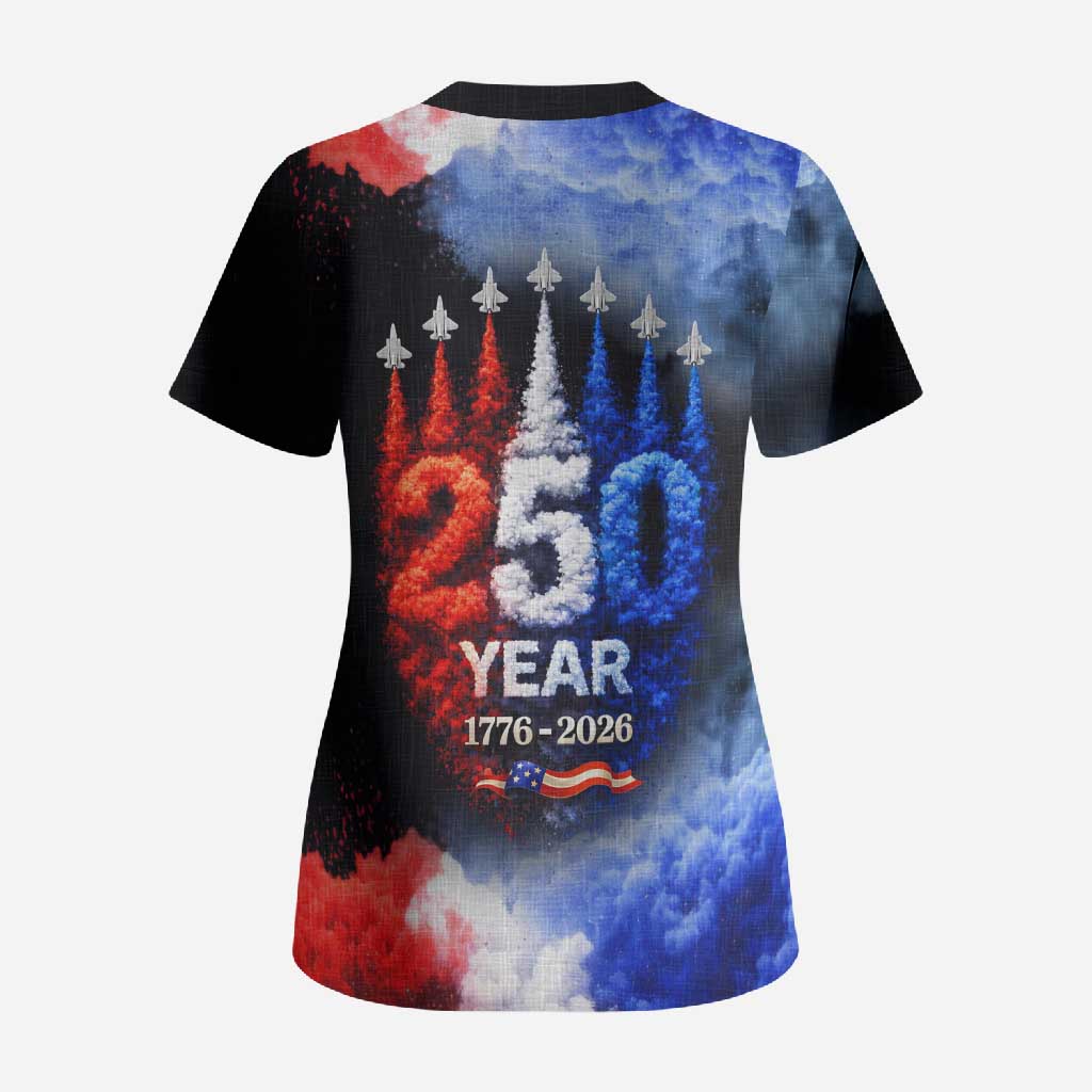 USA 250th Anniversary Celebration Scrub Top Patriotic Smoke Burst Art Style