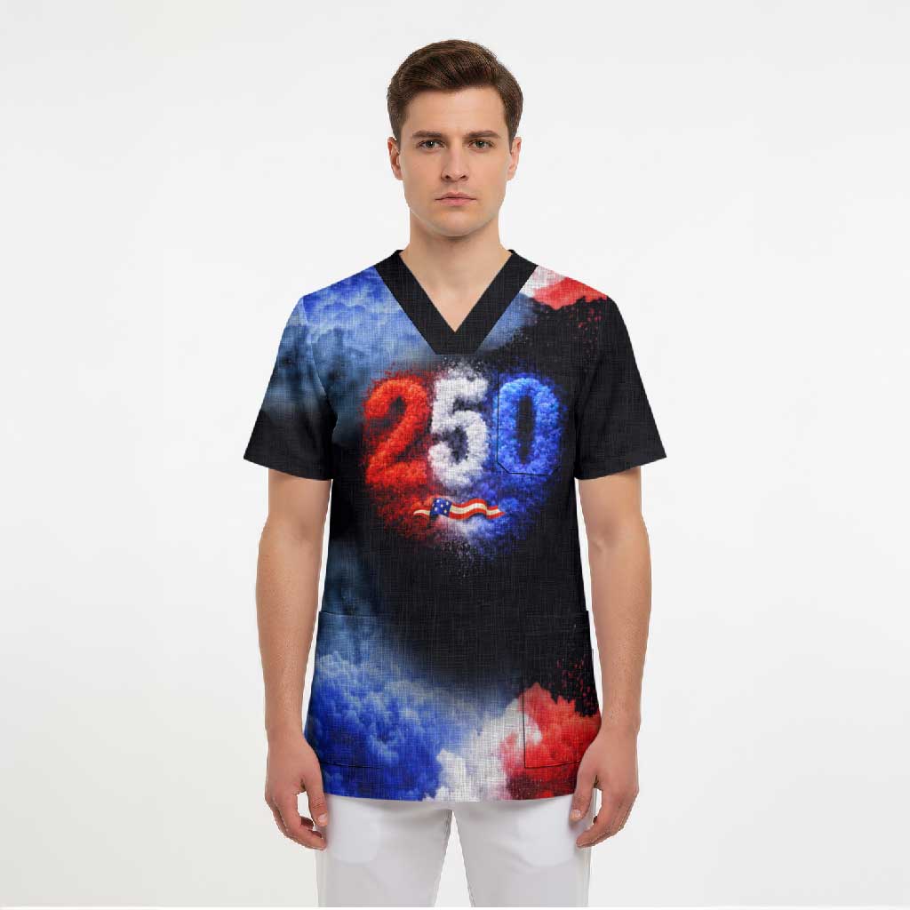USA 250th Anniversary Celebration Scrub Top Patriotic Smoke Burst Art Style