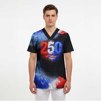 USA 250th Anniversary Celebration Scrub Top Patriotic Smoke Burst Art Style