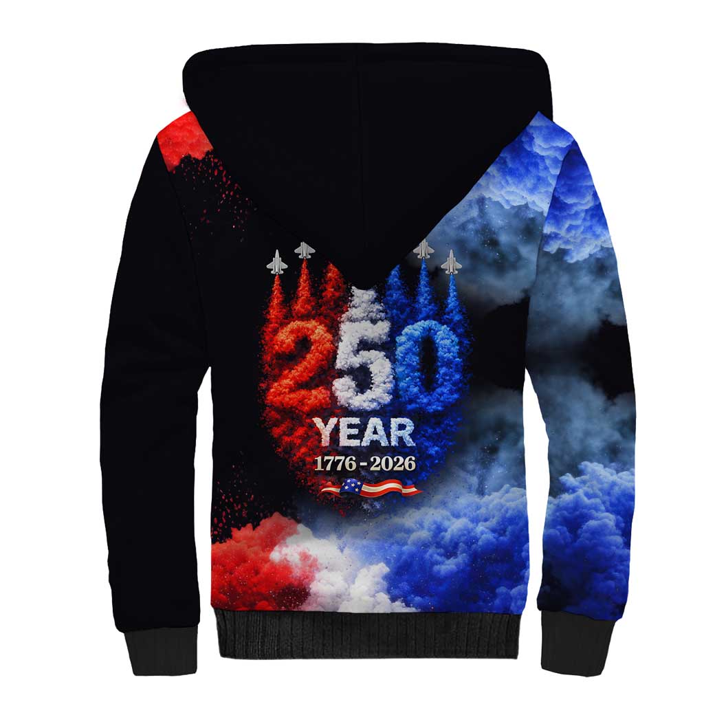 USA 250th Anniversary Celebration Sherpa Hoodie Patriotic Smoke Burst Art Style