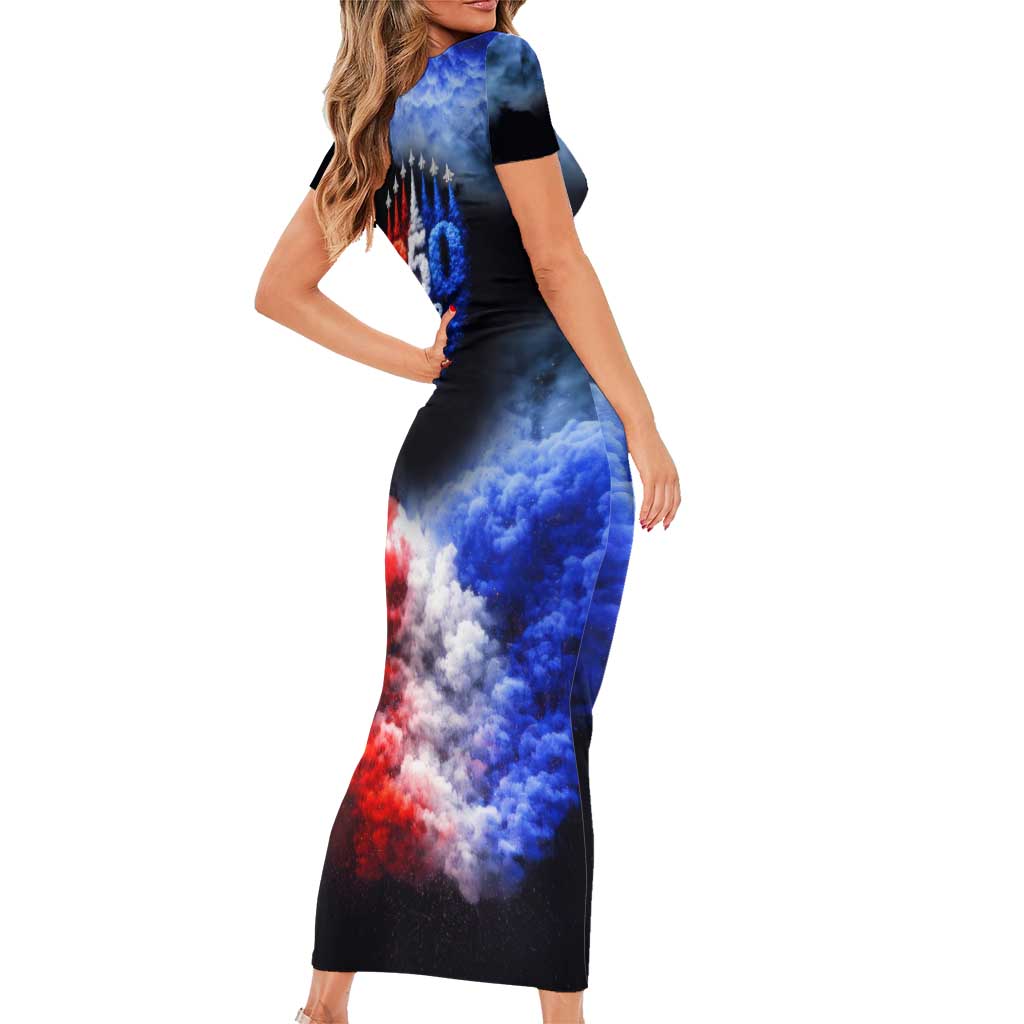 USA 250th Anniversary Celebration Short Sleeve Bodycon Dress Patriotic Smoke Burst Art Style