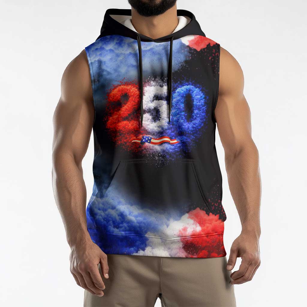 USA 250th Anniversary Celebration Sleeveless Hoodie Patriotic Smoke Burst Art Style