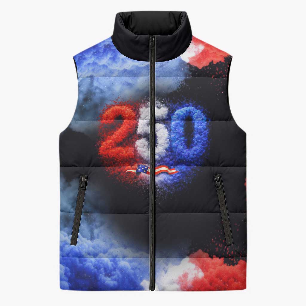 USA 250th Anniversary Celebration Sleeveless Puffer Jacket Patriotic Smoke Burst Art Style