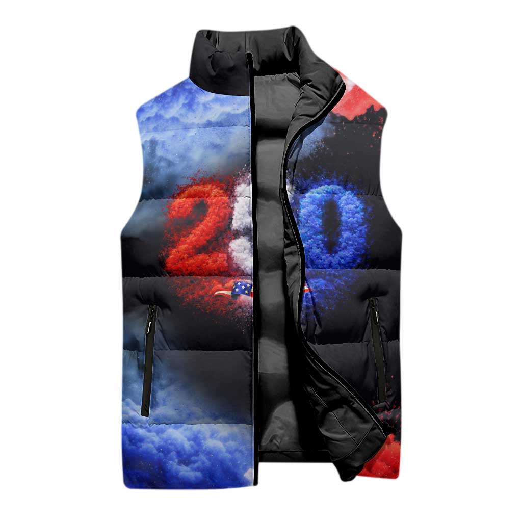 USA 250th Anniversary Celebration Sleeveless Puffer Jacket Patriotic Smoke Burst Art Style
