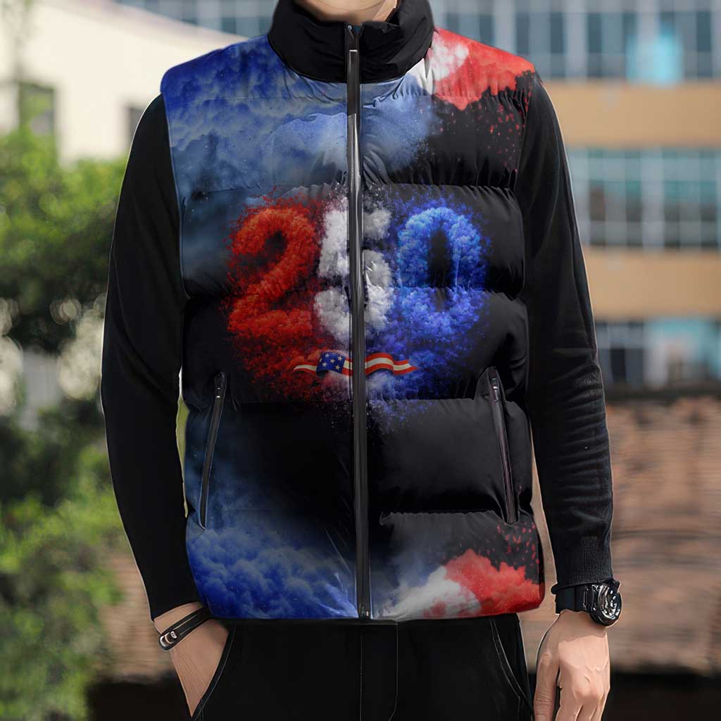 USA 250th Anniversary Celebration Sleeveless Puffer Jacket Patriotic Smoke Burst Art Style