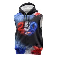 USA 250th Anniversary Celebration Sleeveless Zip Hoodie Patriotic Smoke Burst Art Style