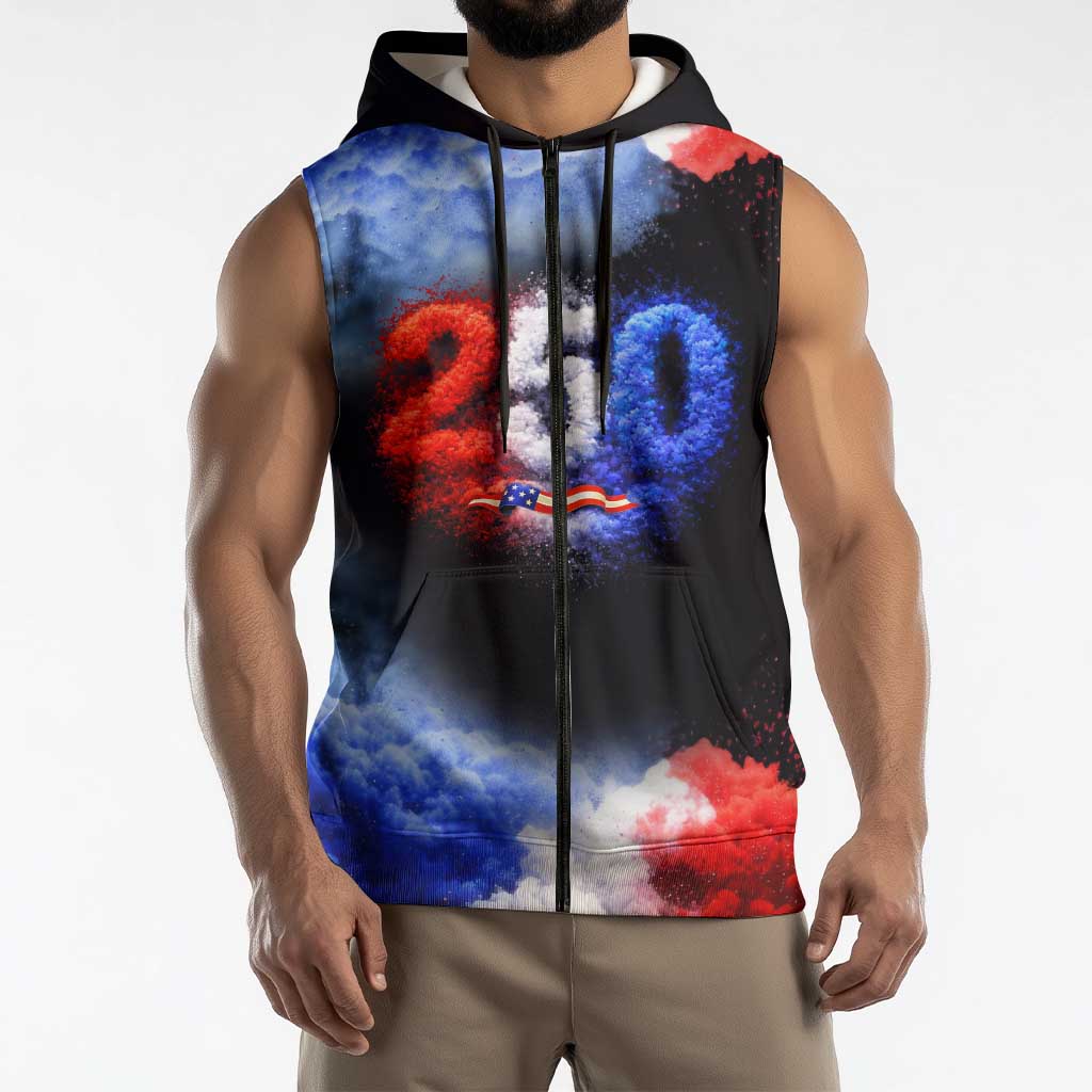 USA 250th Anniversary Celebration Sleeveless Zip Hoodie Patriotic Smoke Burst Art Style