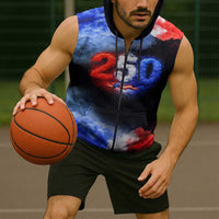 USA 250th Anniversary Celebration Sleeveless Zip Hoodie Patriotic Smoke Burst Art Style