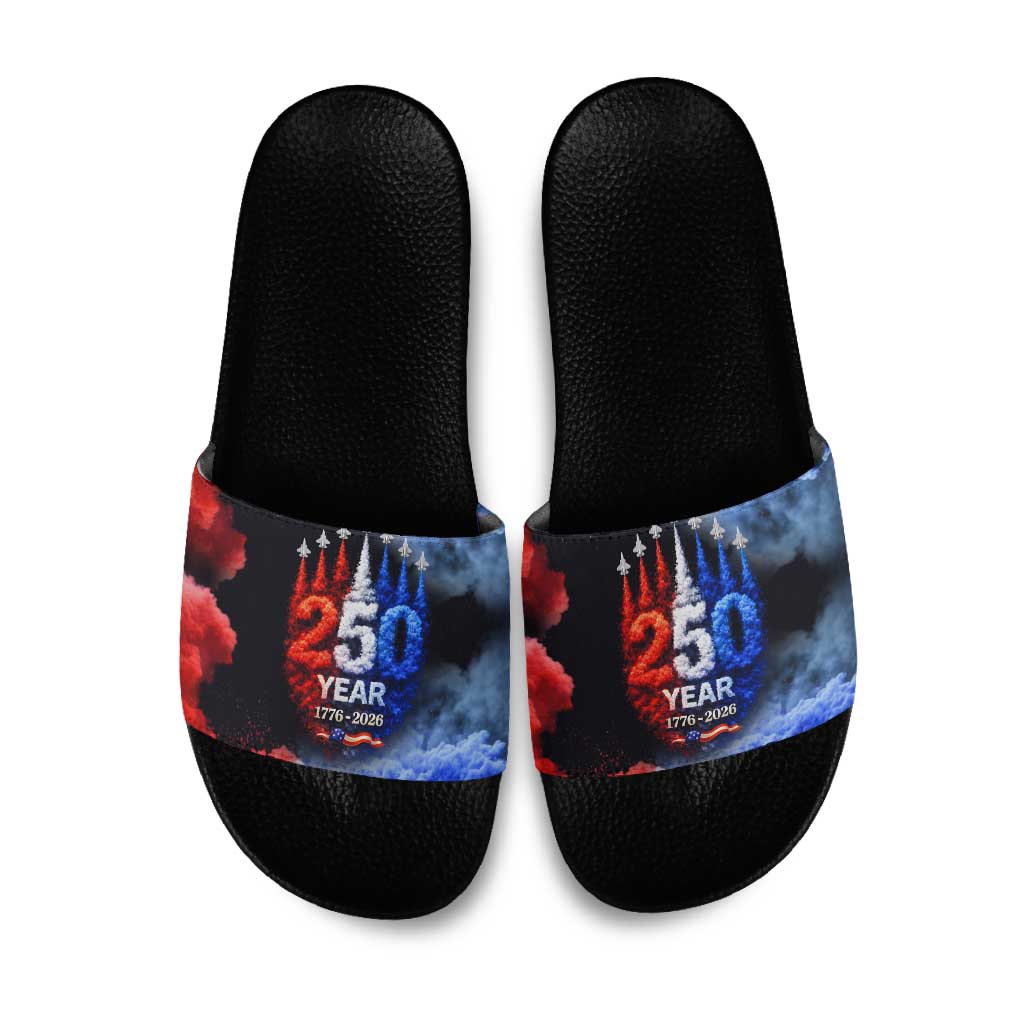 USA 250th Anniversary Celebration Slide Sandals Patriotic Smoke Burst Art Style