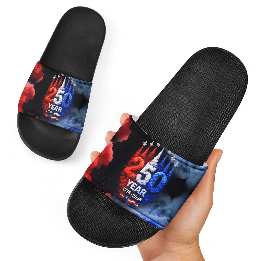 USA 250th Anniversary Celebration Slide Sandals Patriotic Smoke Burst Art Style