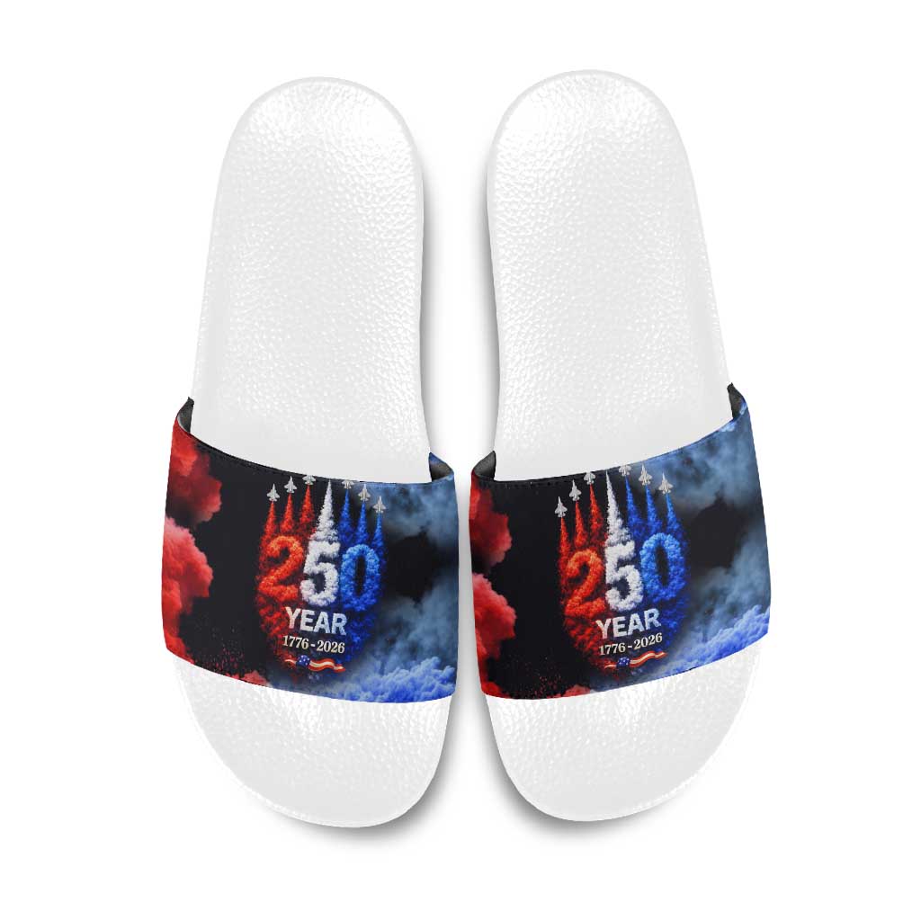 USA 250th Anniversary Celebration Slide Sandals Patriotic Smoke Burst Art Style