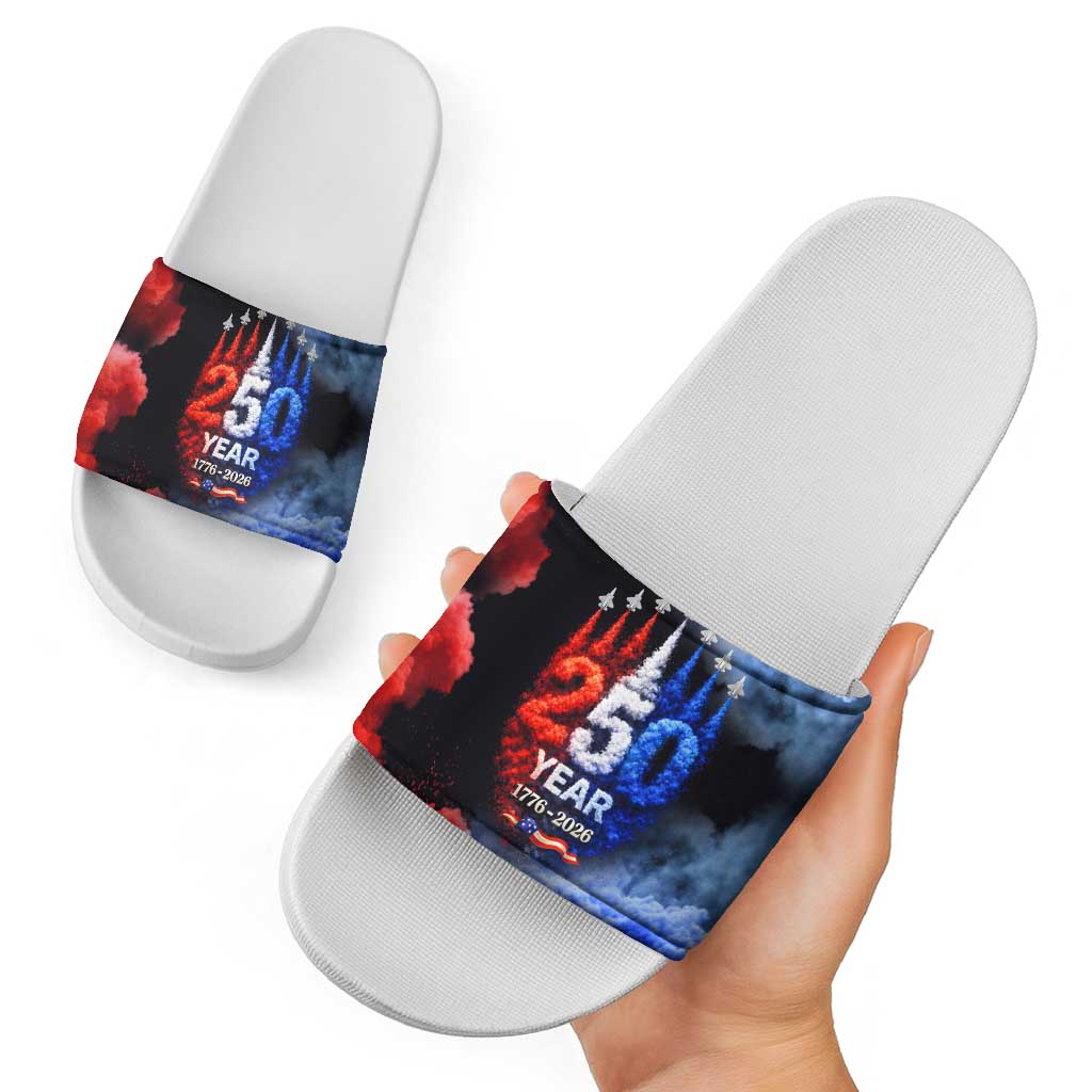 USA 250th Anniversary Celebration Slide Sandals Patriotic Smoke Burst Art Style