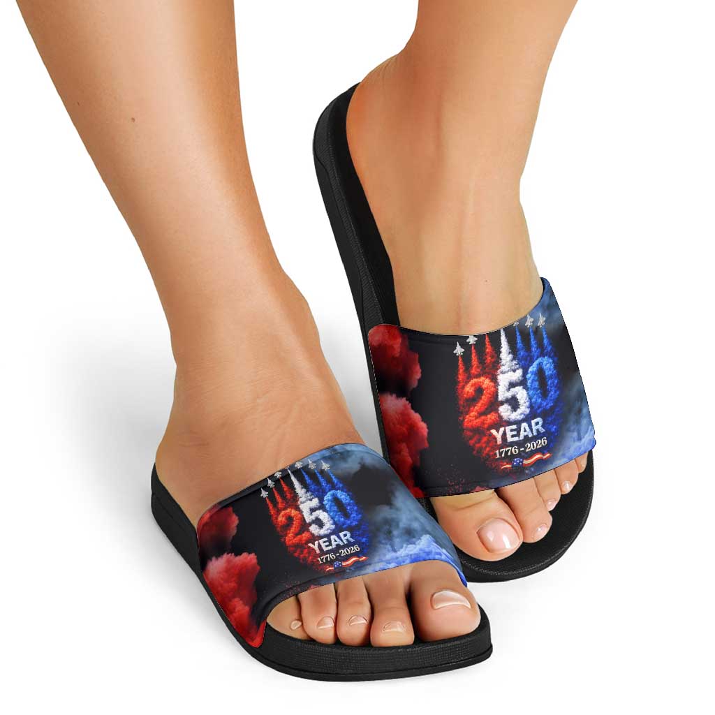 USA 250th Anniversary Celebration Slide Sandals Patriotic Smoke Burst Art Style