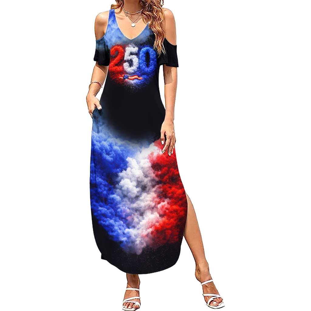 USA 250th Anniversary Celebration Summer Maxi Dress Patriotic Smoke Burst Art Style