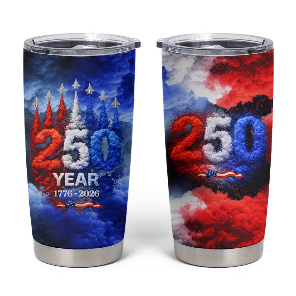 USA 250th Anniversary Celebration Tumbler Cup Patriotic Smoke Burst Art Style