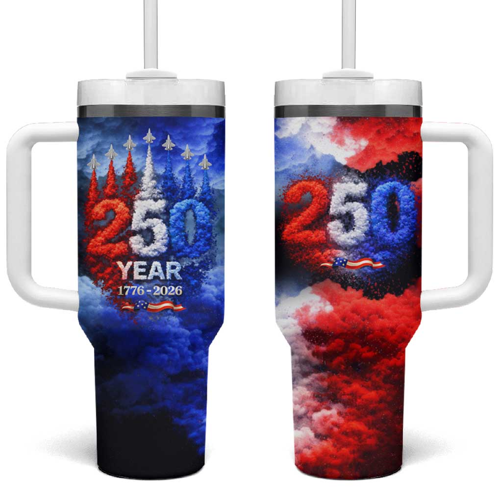 USA 250th Anniversary Celebration Tumbler With Handle Patriotic Smoke Burst Art Style