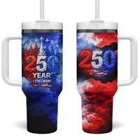 USA 250th Anniversary Celebration Tumbler With Handle Patriotic Smoke Burst Art Style
