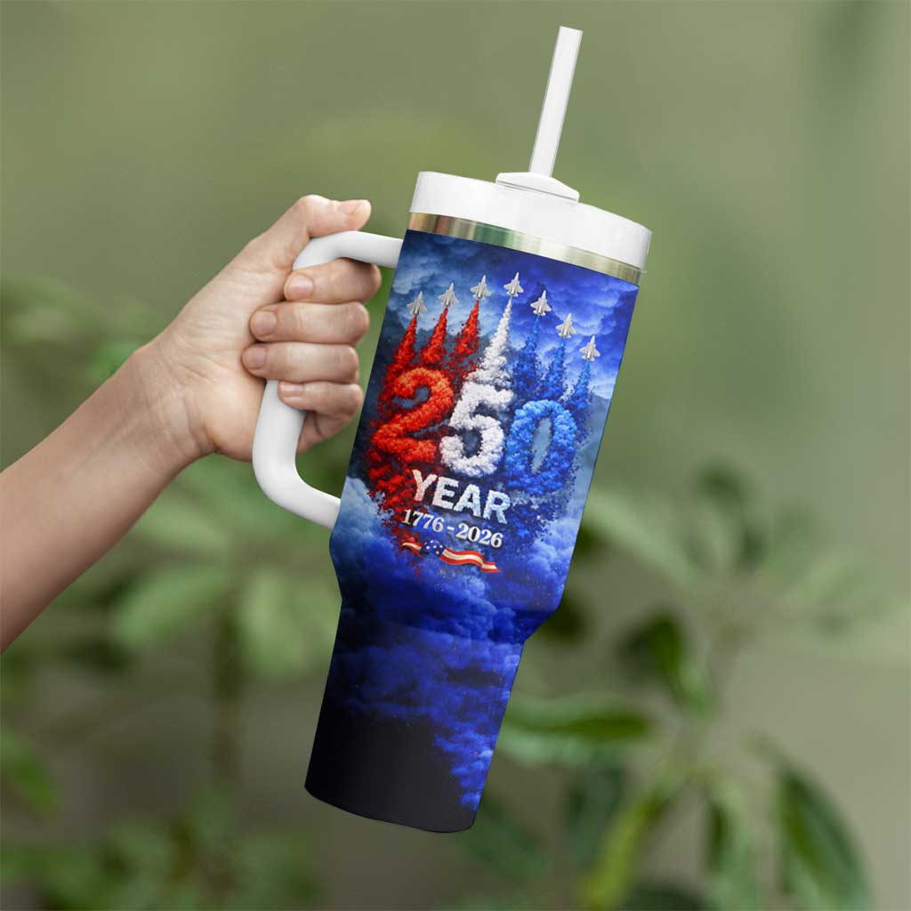 USA 250th Anniversary Celebration Tumbler With Handle Patriotic Smoke Burst Art Style