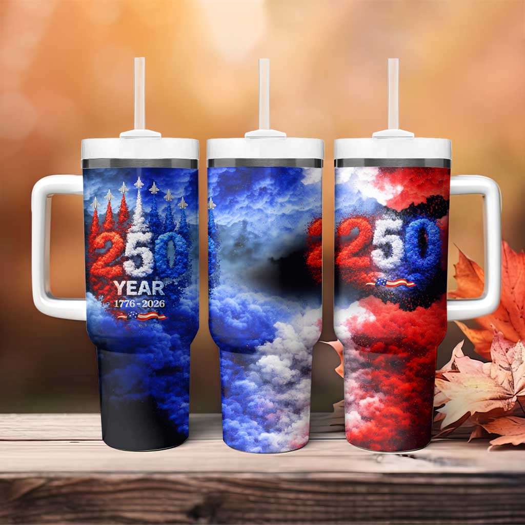 USA 250th Anniversary Celebration Tumbler With Handle Patriotic Smoke Burst Art Style