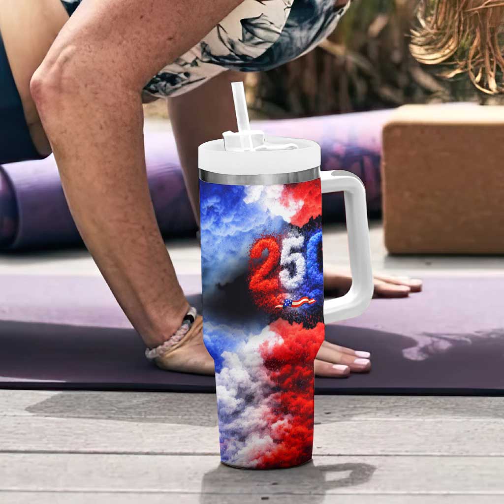 USA 250th Anniversary Celebration Tumbler With Handle Patriotic Smoke Burst Art Style