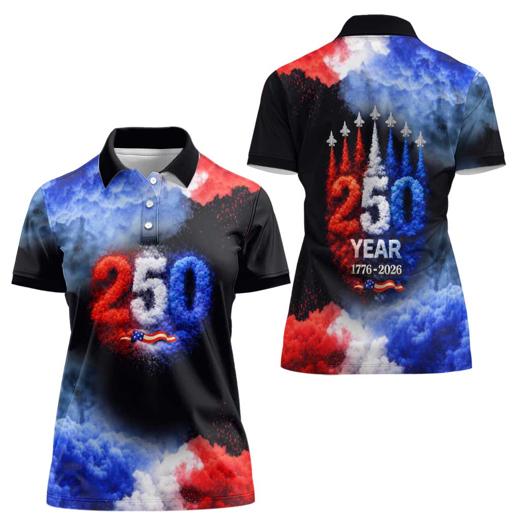 USA 250th Anniversary Celebration Women Polo Shirt Patriotic Smoke Burst Art Style