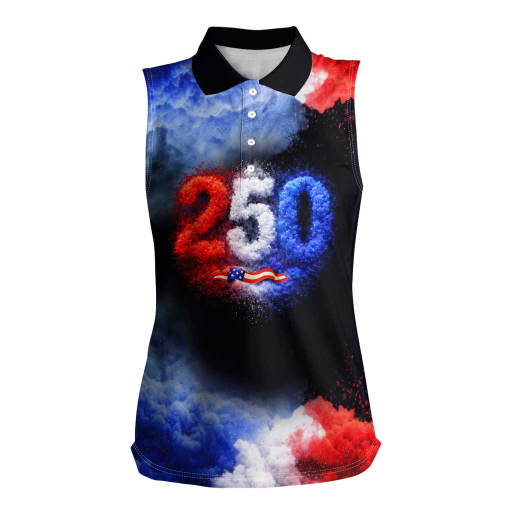 USA 250th Anniversary Celebration Women Sleeveless Polo Shirt Patriotic Smoke Burst Art Style