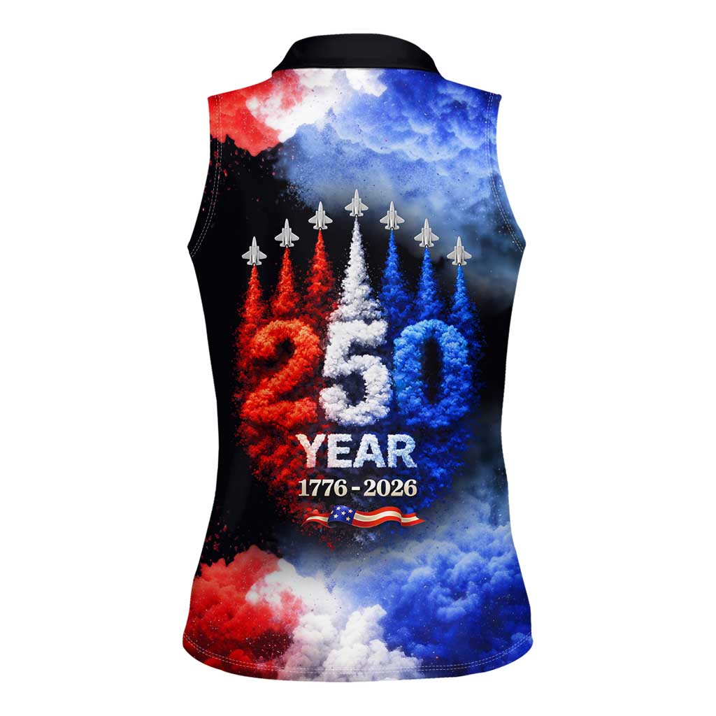 USA 250th Anniversary Celebration Women Sleeveless Polo Shirt Patriotic Smoke Burst Art Style