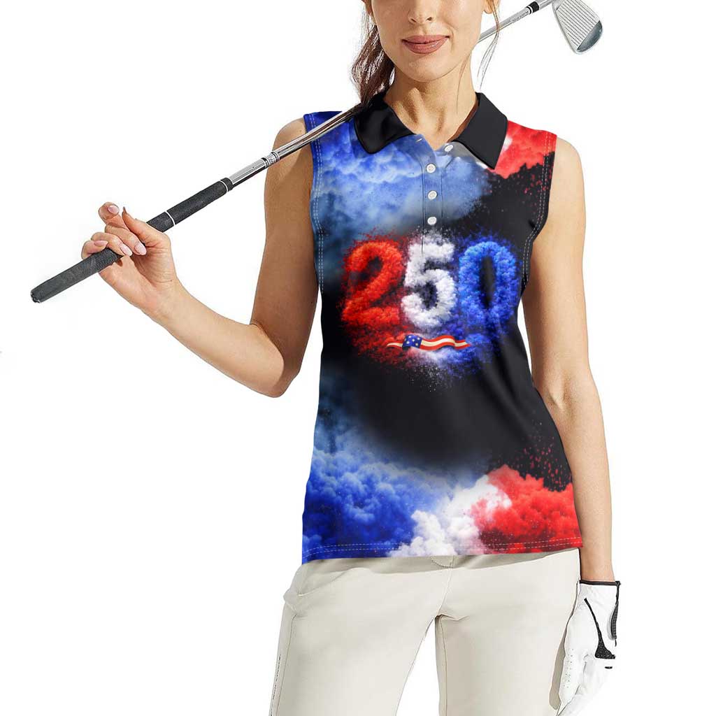 USA 250th Anniversary Celebration Women Sleeveless Polo Shirt Patriotic Smoke Burst Art Style