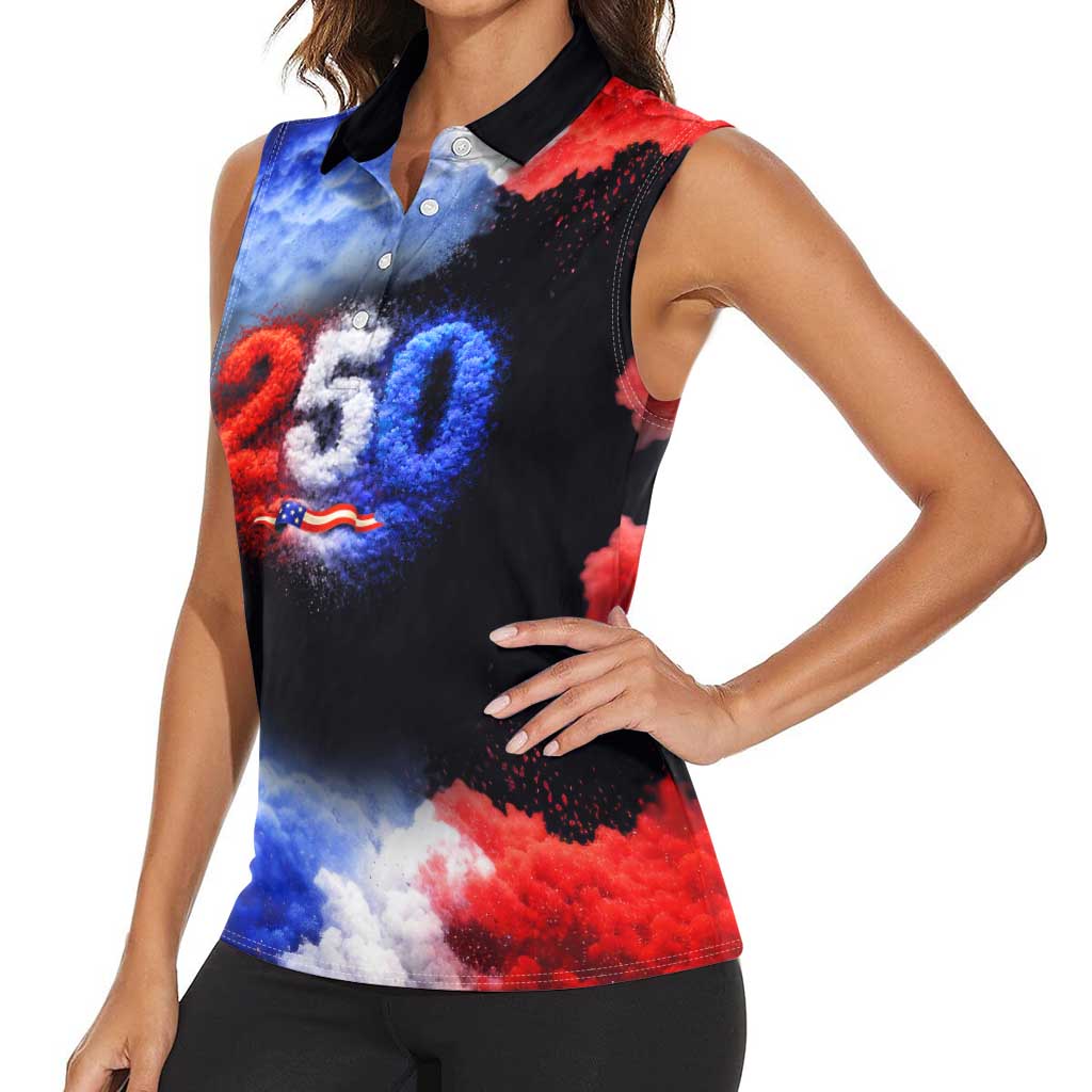 USA 250th Anniversary Celebration Women Sleeveless Polo Shirt Patriotic Smoke Burst Art Style