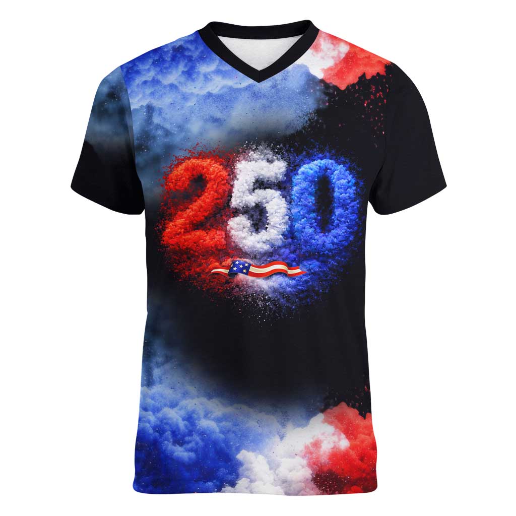 USA 250th Anniversary Celebration Women V-Neck T-Shirt Patriotic Smoke Burst Art Style
